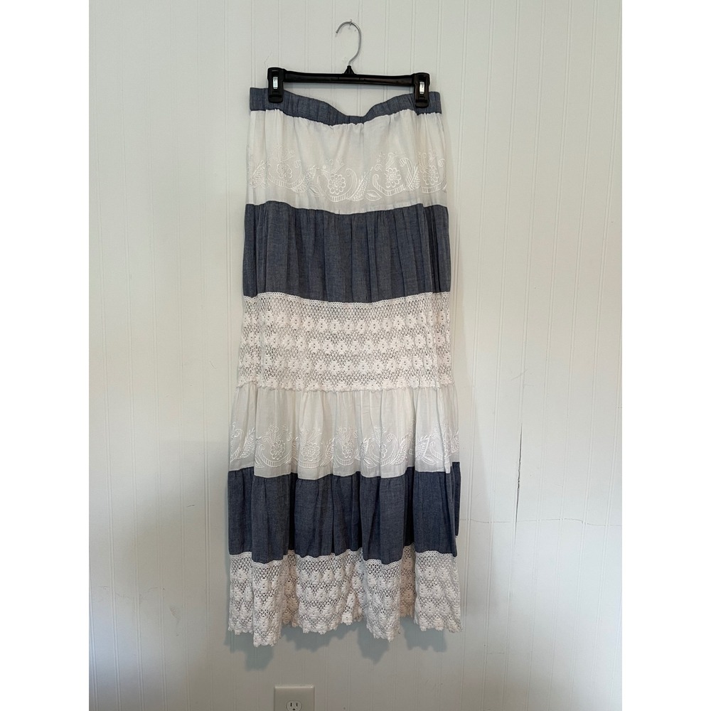 Boston Proper Blue White Tiered Maxi Skirt Cotton Crochet Lace Boho Womens Small